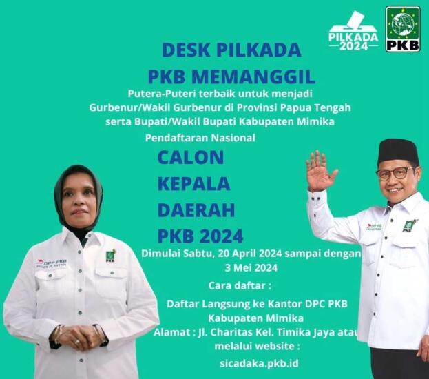 DPC PKB Kabupaten Mimika secara resmi telah membuka pendaftaran bakal calon Bupati Mimika pada Pilkada 27 November 2024 mendatang